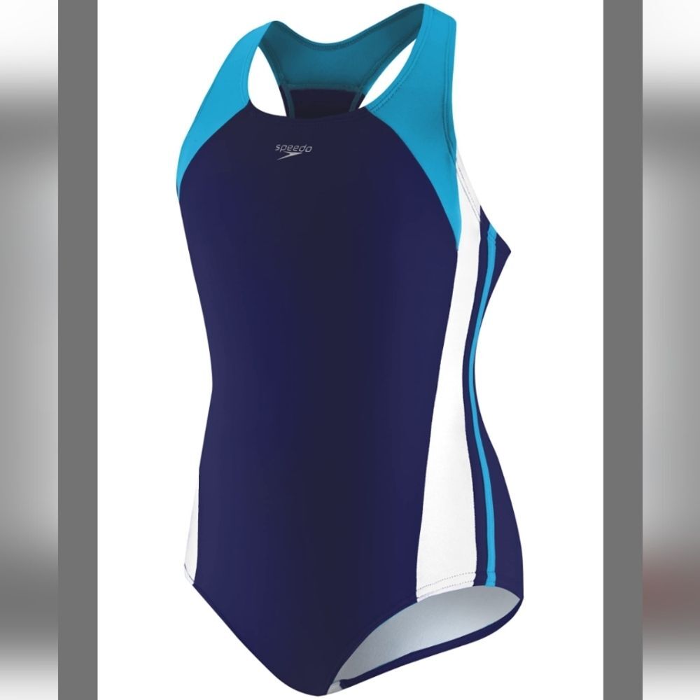 NWT Speedo Girl's Blue Swimsuit One Piece Infinity Splice Thick Strap - Size 10